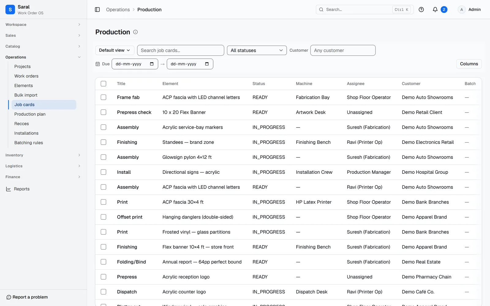 Saral job cards list with element, status, machine, assignee, and customer columns