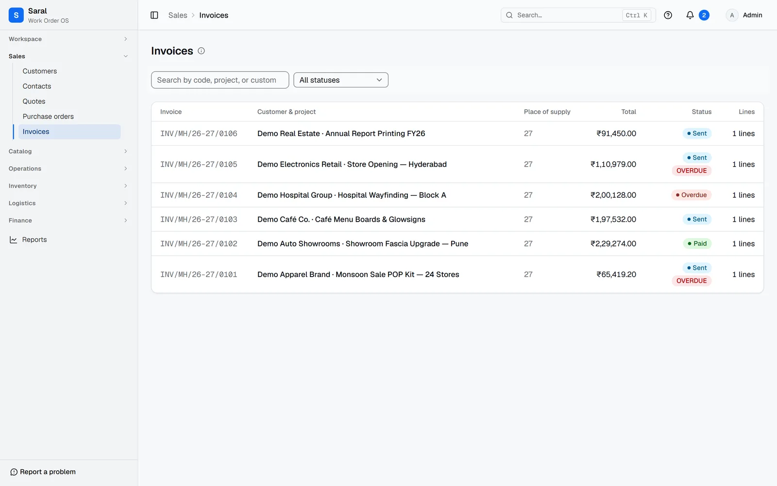 Saral invoices list with GST invoice numbers, totals, and sent, paid, or overdue status